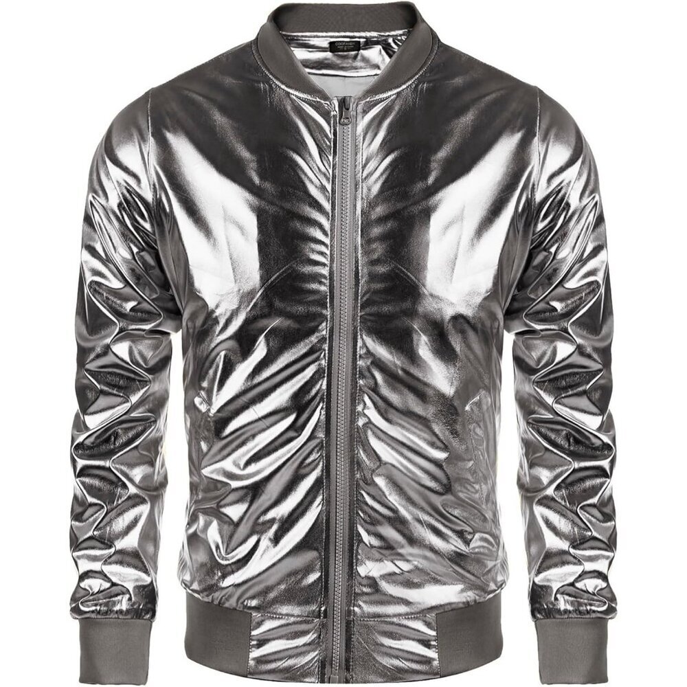 Men's Luxurious Grey Shiny Fabric Varsity Bomber Jacket Metallic Zipper Shirts